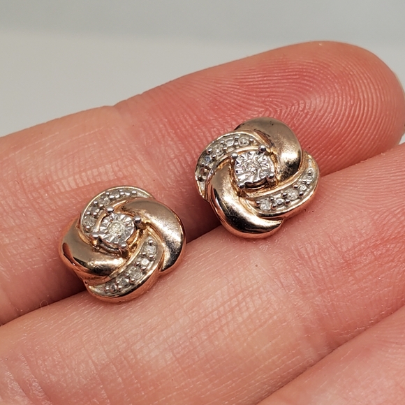 Rose Gold Sterling Silver Diamond Knot Stud Earrings - Picture 2 of 7